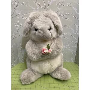 Vintage 1992 Gund Gray Bunny Rabbit Plush 16” Stuffed Animal Holding Flowers